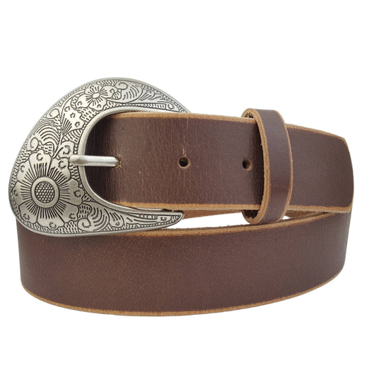 Distressed Vintage Leather belt w. Floral Engraved Buckle