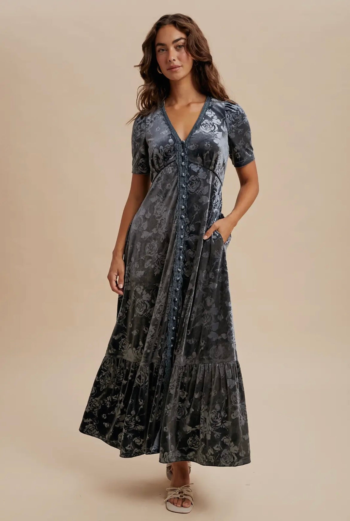 Embossed Velvet Button Down Maxi Dress