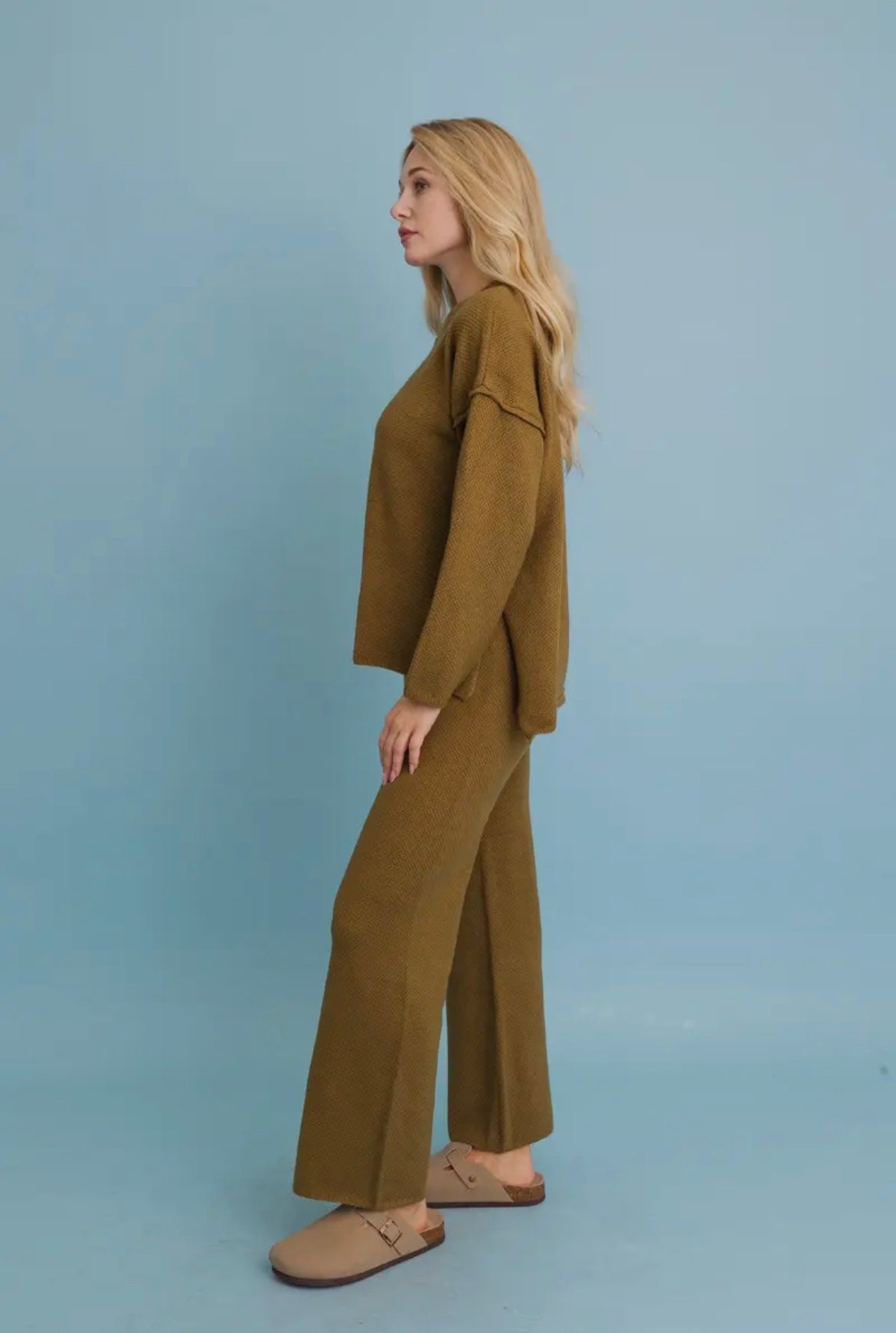 Relaxed Waffle Knit Lounge Top - Olive