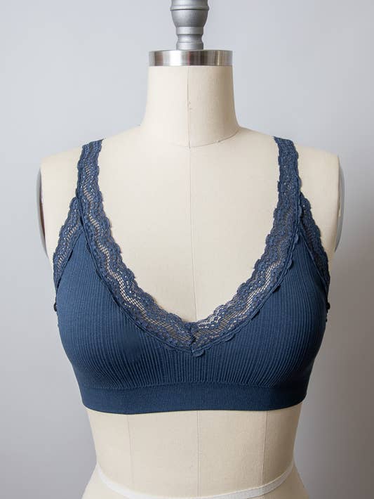 Lace Trim Padded Bralette - Blue Gray