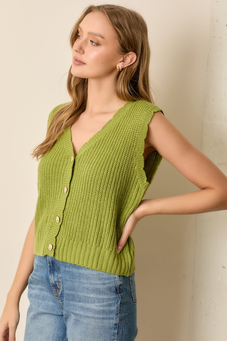 Sweet Scallops Button-Up Vest - Avocado