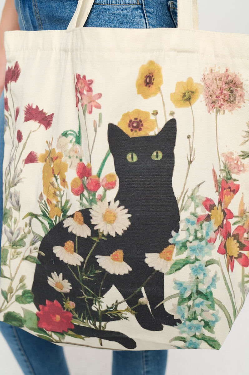 Black Cat & Florals Canvas Tote Bag