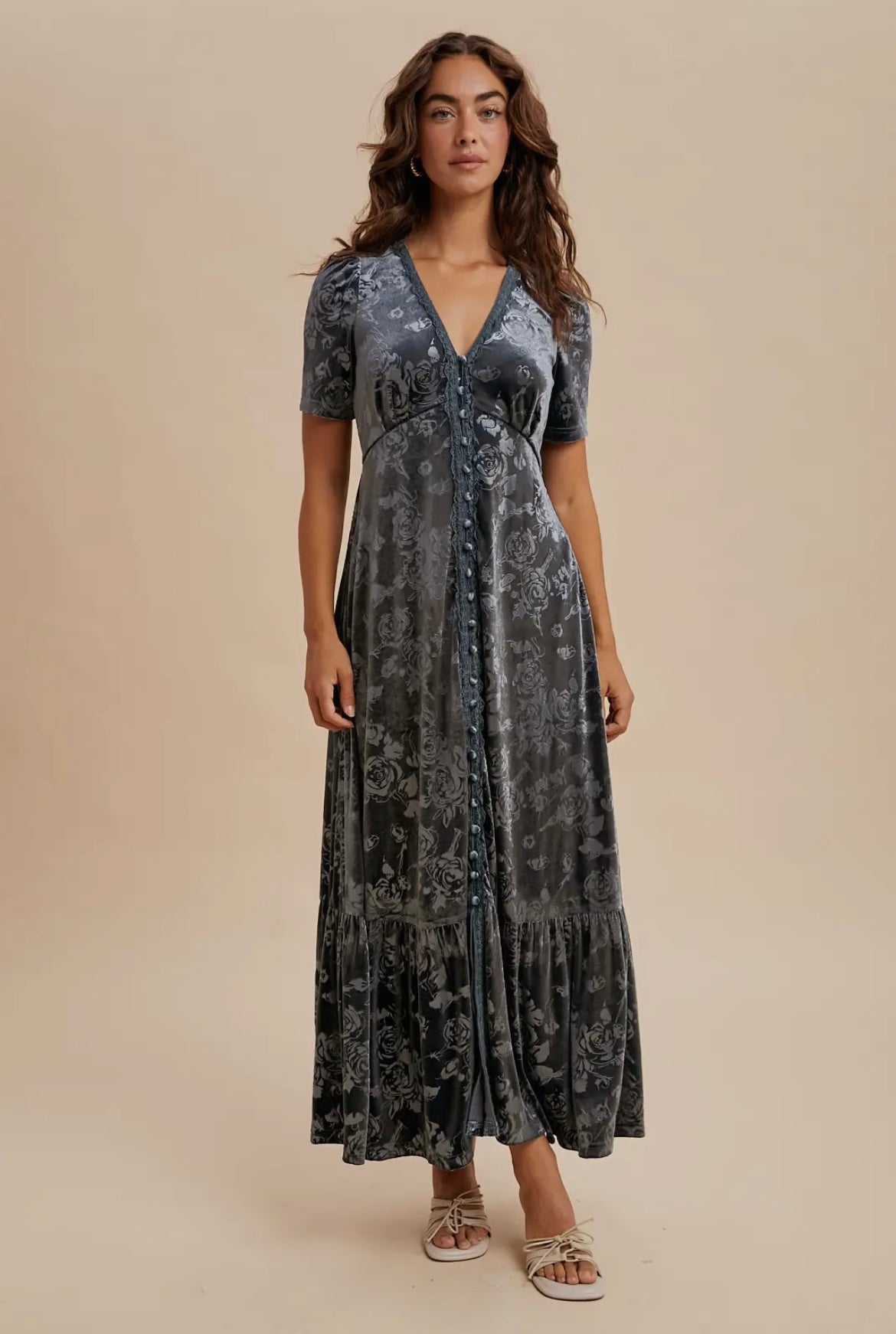 Embossed Velvet Button Down Maxi Dress
