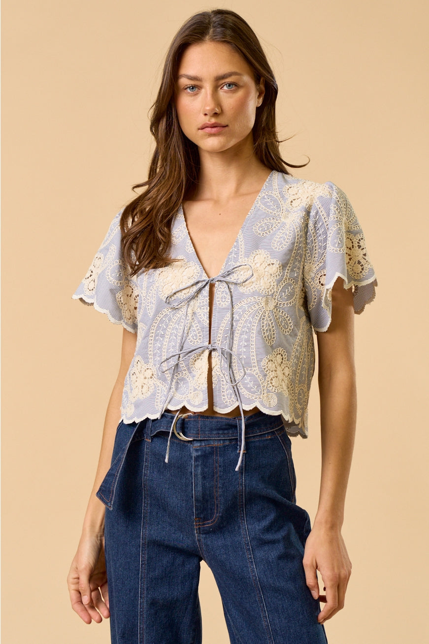 Scalloped Lace Tie-Front Top