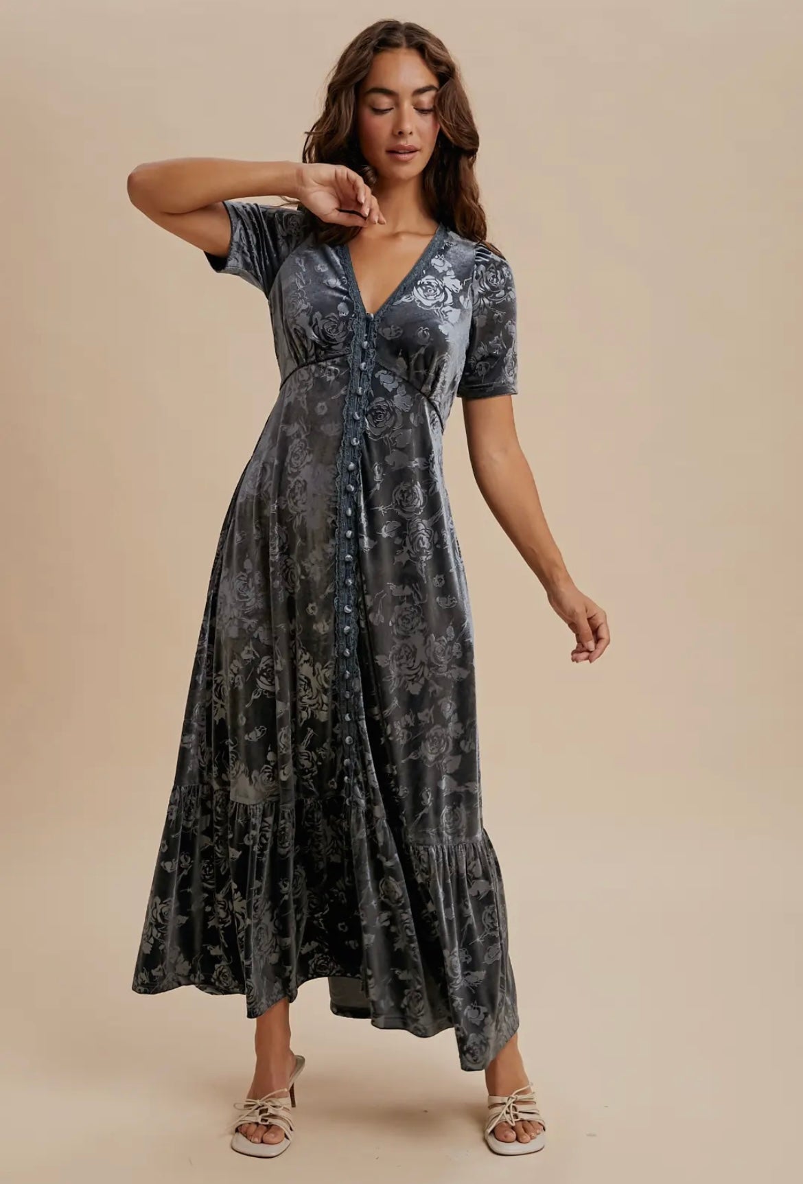 Embossed Velvet Button Down Maxi Dress