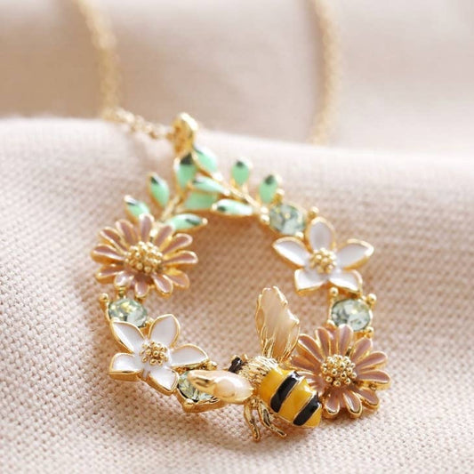 Crystal Flower and Enamel Bee Necklace - Gold