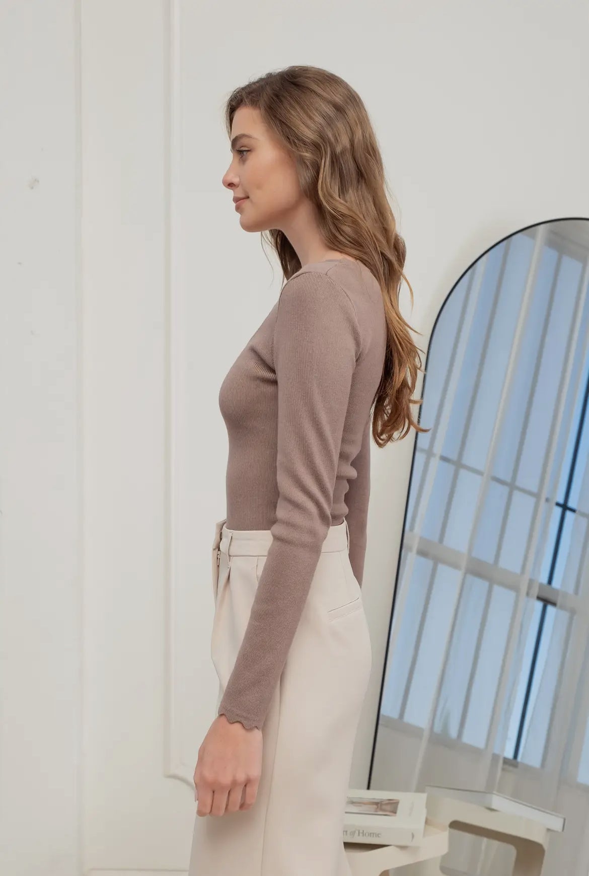 Scallop Trim Long-sleeve Top - Cocoa