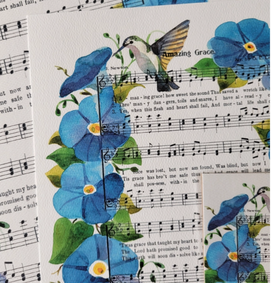 "Amazing Grace" with Hummingbird Floral Hymn Print - Marydean Draws