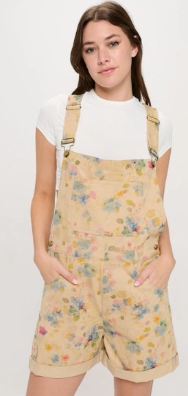 Watercolor Floral Shortalls - Khaki