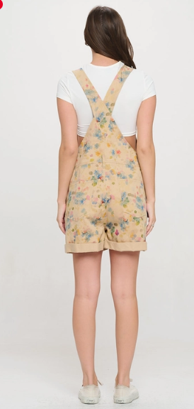 Watercolor Floral Shortalls - Khaki