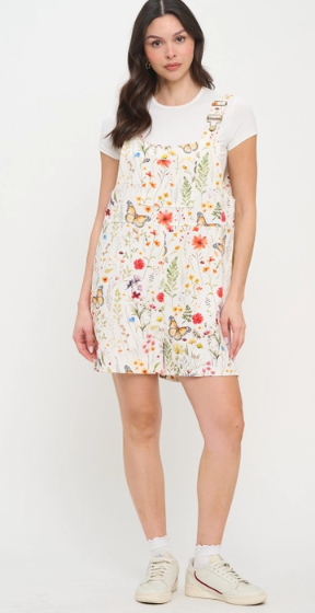 Watercolor Floral Shortalls - Cream