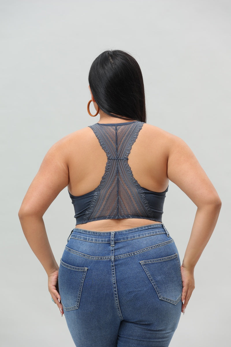 Blue Gray Lace Trim Padded Bralette