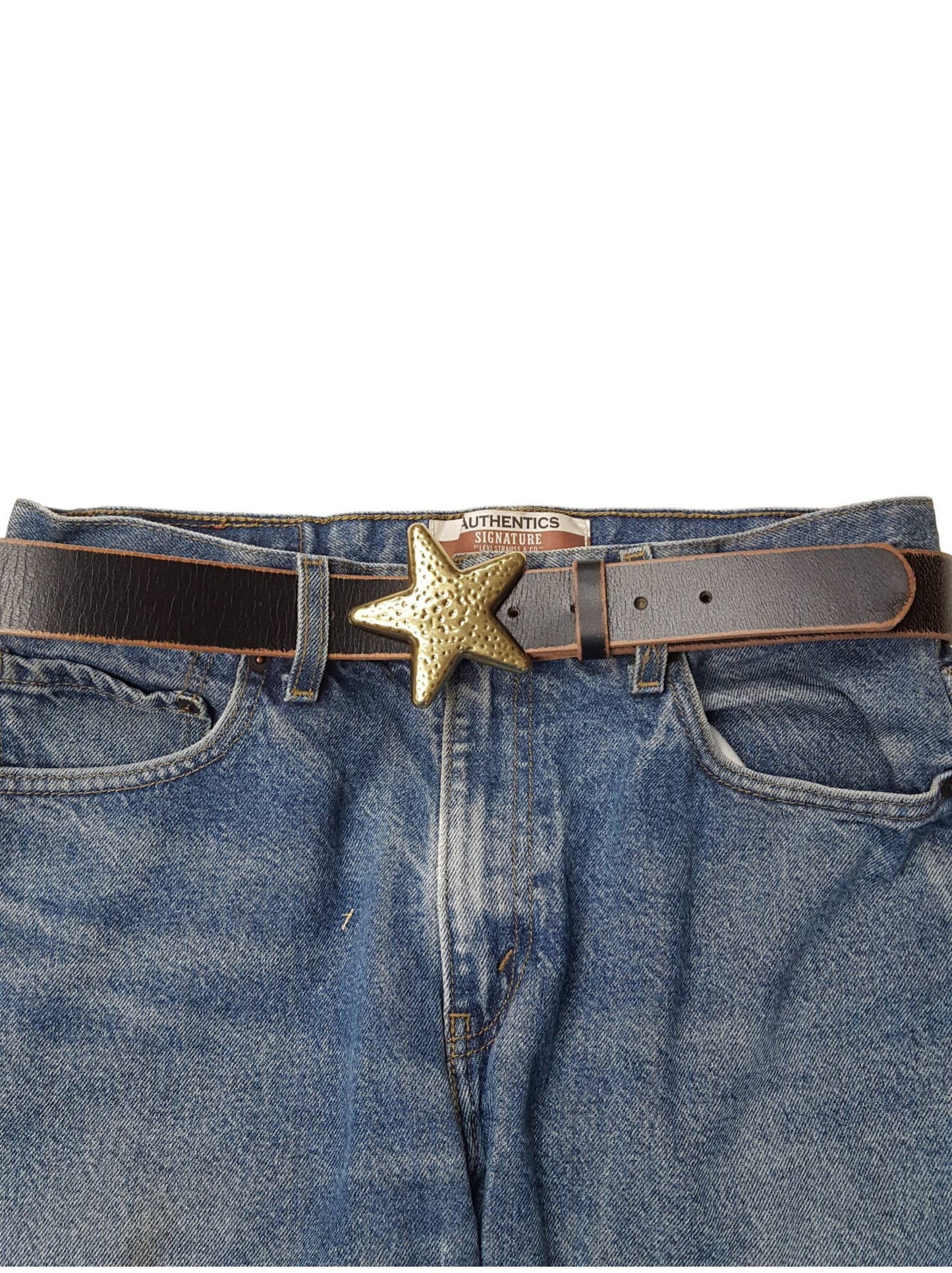 Brass Star Buckle Black Leather Belt