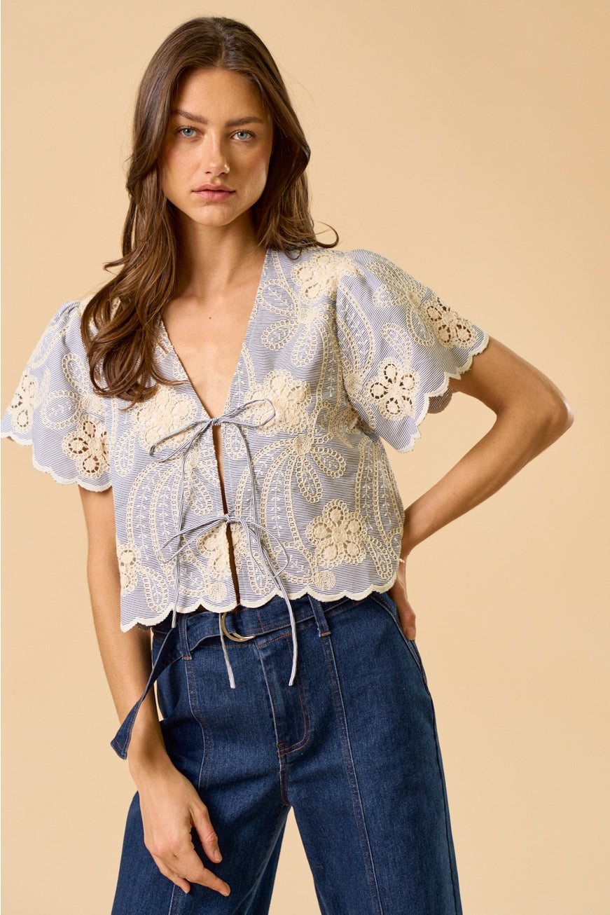 Scalloped Lace Tie-Front Top