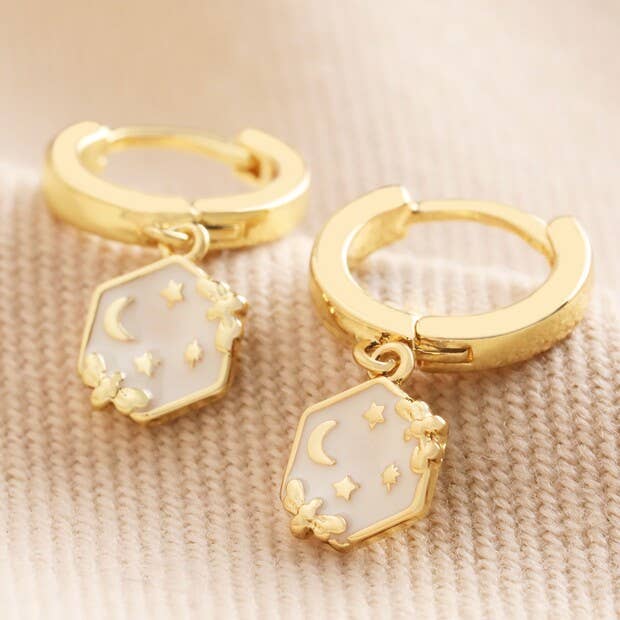 Enamel Celestial Bee Charm Huggie Hoop Earrings in Gold