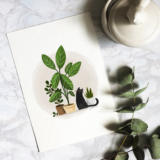 "House Cat" Black Cat and Plant Print - Joanna Garcia Art
