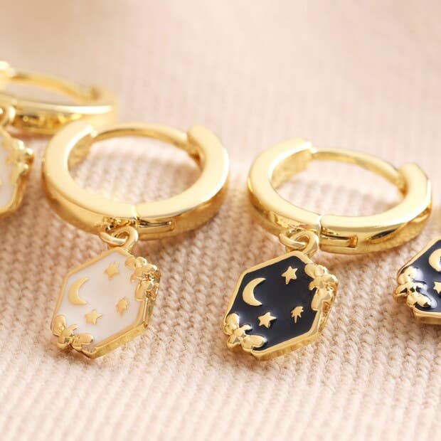 Enamel Celestial Bee Charm Huggie Hoop Earrings in Gold