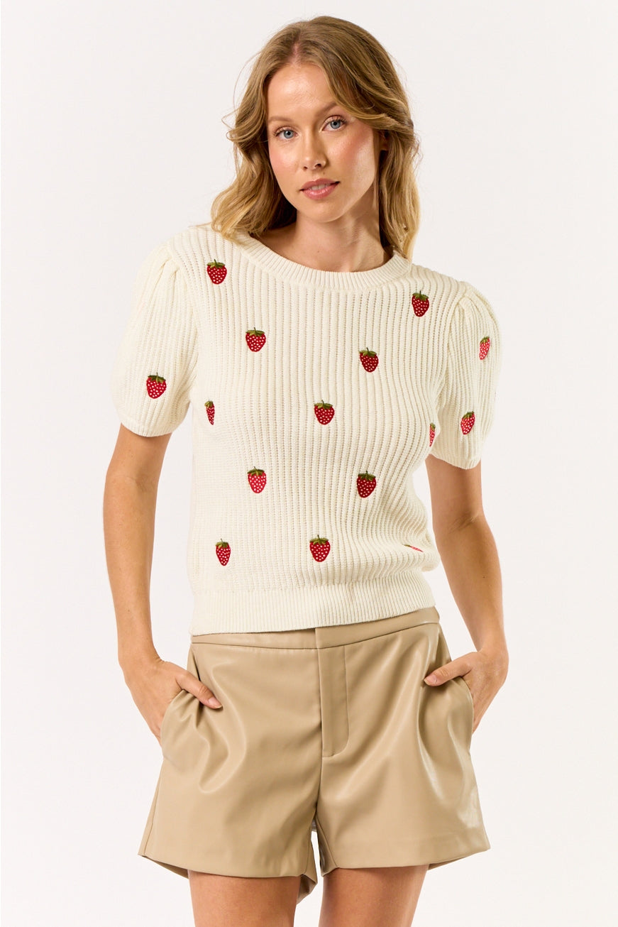 Strawberry Embroidery Puff Sleeve Knit Top