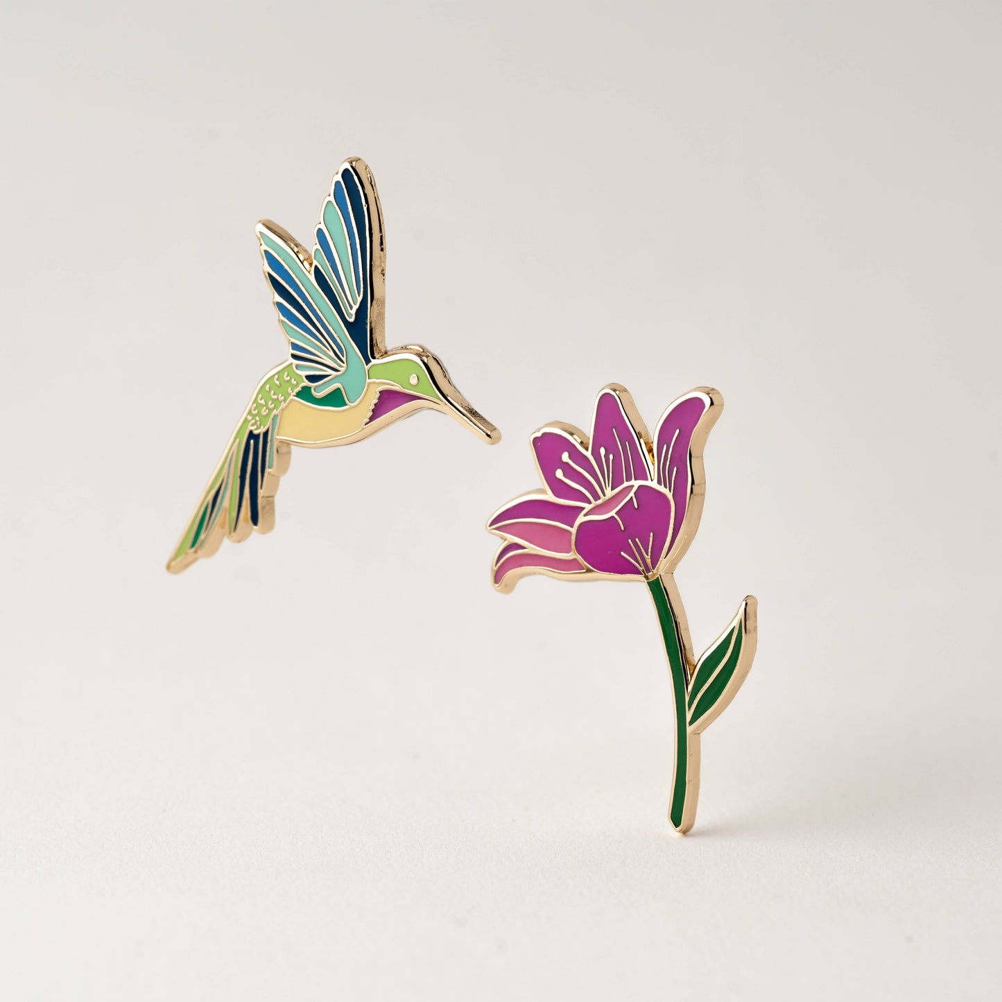 Hummingbird & Pink Lily Flower Pin Set