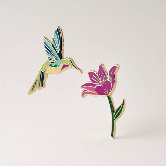 Hummingbird & Pink Lily Flower Pin Set