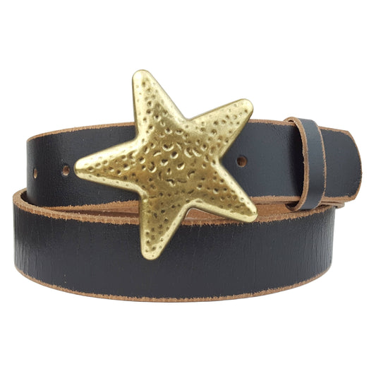 Brass Star Buckle Black Leather Belt