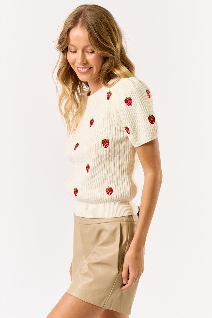 Strawberry Embroidery Puff Sleeve Knit Top