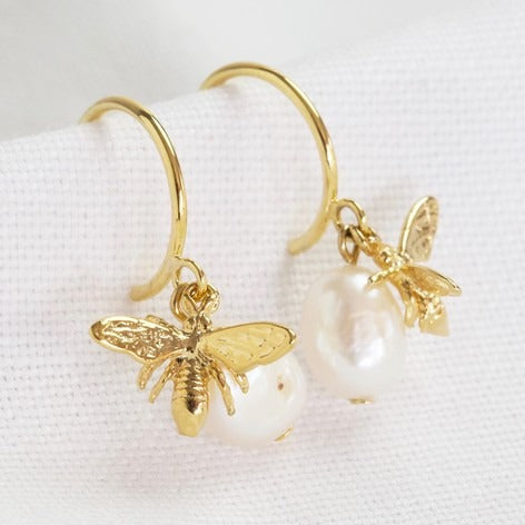 Pearl and Bee Gold Hoop Earrings