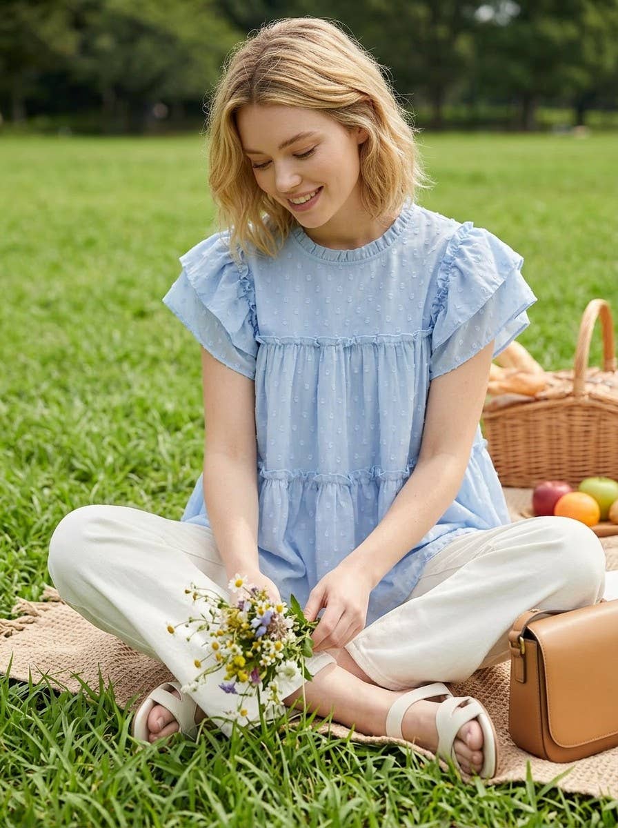 Swiss Dot Tiered Cotton Blouse