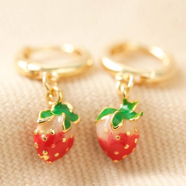 Strawberry Enamel Gold Huggie Earrings