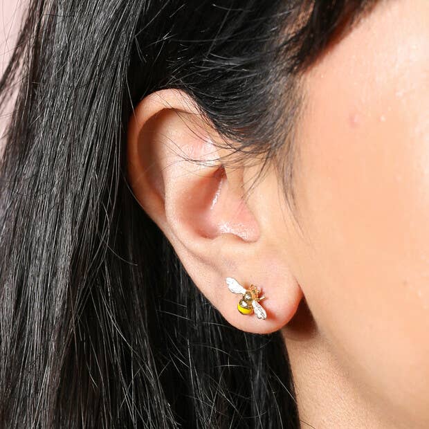 Yellow Enamel Bee Stud Earrings in Gold