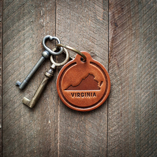 Embossed Virginia Leather Circle Keychain