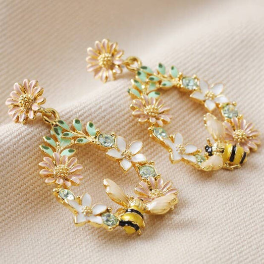 Crystal Flower and Enamel Bee Drop Earrings in Gold
