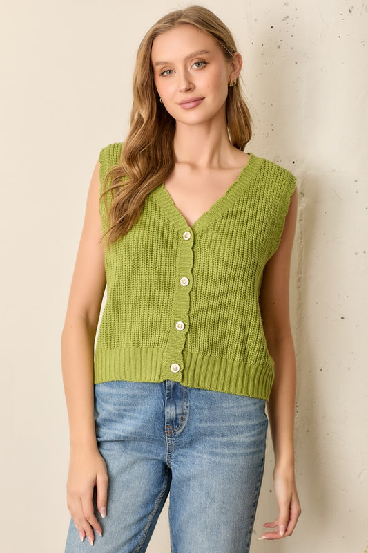 Sweet Scallops Button-Up Vest - Avocado