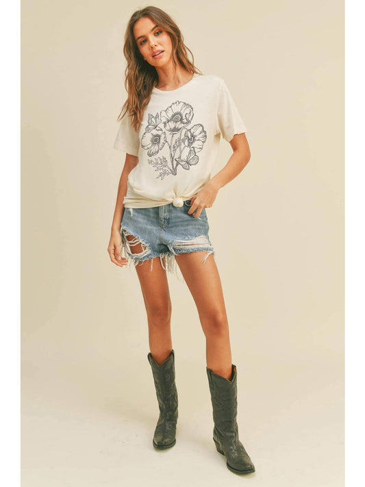 Faux Embroidery Flower Print Tee