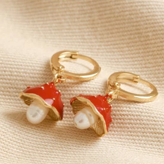 Mushroom Enamel + Pearl Gold Huggie Earrings