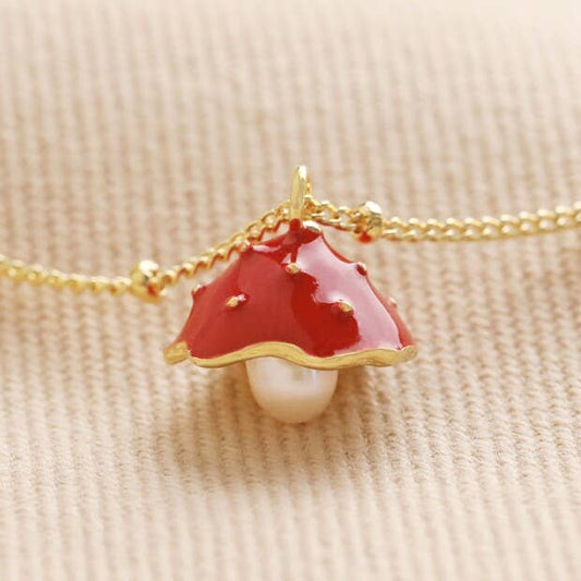 Mushroom Enamel Pendant Gold Necklace