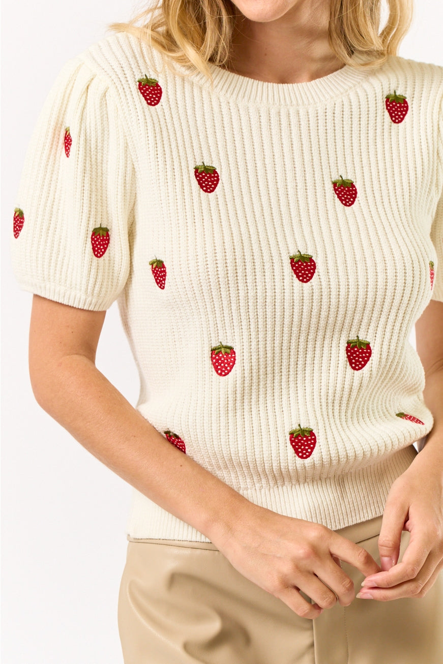 Strawberry Embroidery Puff Sleeve Knit Top