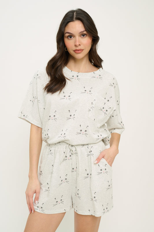 Cat Face Relaxed Lounge Top
