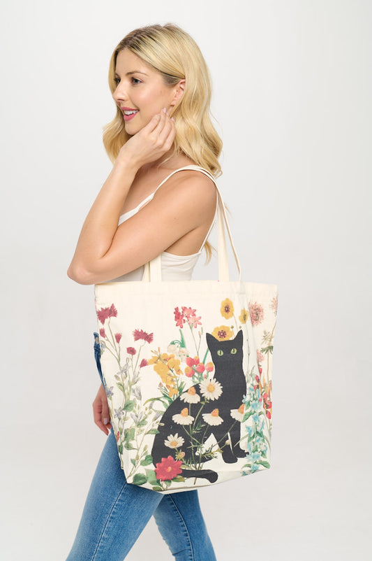 Black Cat & Florals Canvas Tote Bag