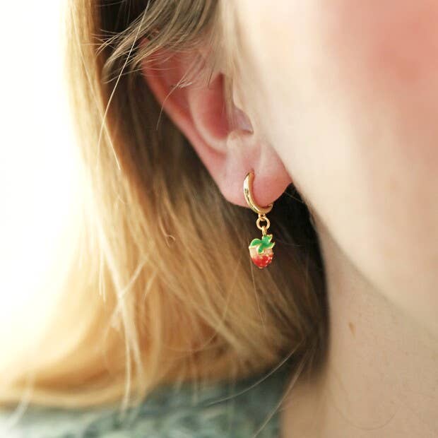 Strawberry Enamel Gold Huggie Earrings