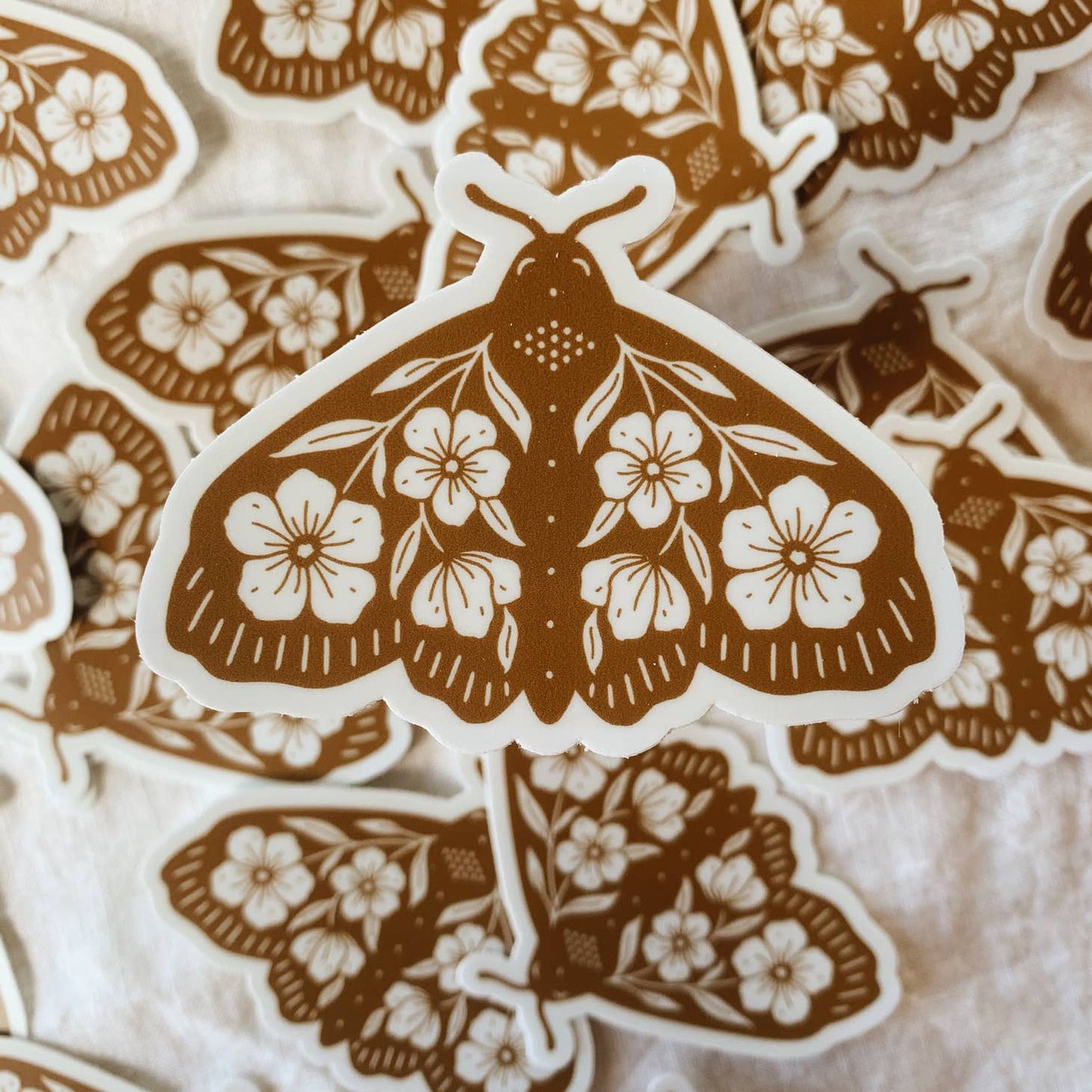 Ochre Floral Moth Vinyl Sticker