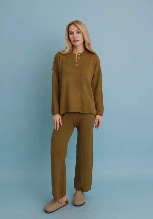 Relaxed Waffle Knit Lounge Top - Olive