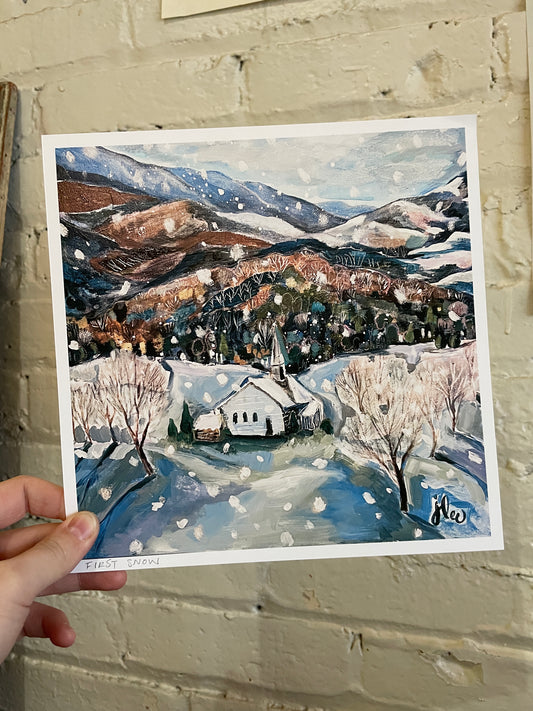 "First Snow" 8x8 Church Art Print - J Lee Mancier Art