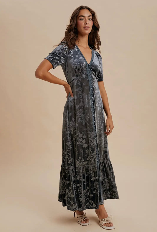Embossed Velvet Button Down Maxi Dress