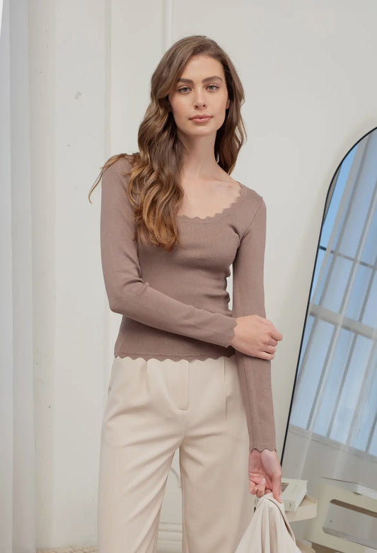 Scallop Trim Long-sleeve Top - Cocoa