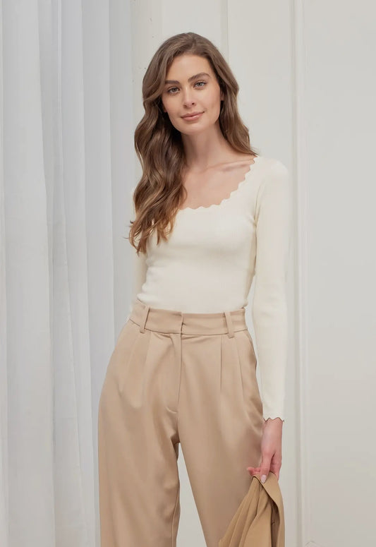 Scallop Trim Long-sleeve Top - Oatmeal