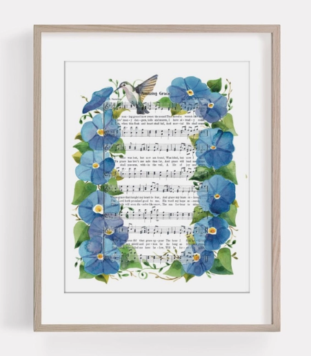 "Amazing Grace" with Hummingbird Floral Hymn Print - Marydean Draws