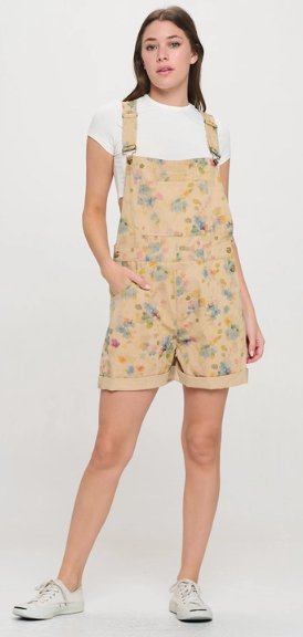 Watercolor Floral Shortalls - Khaki