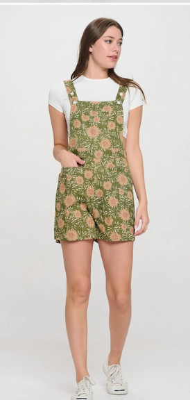 Watercolor Floral Shortalls - Green