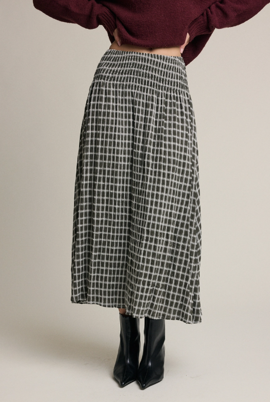 Crossway Plaid Smocked Midi Skirt